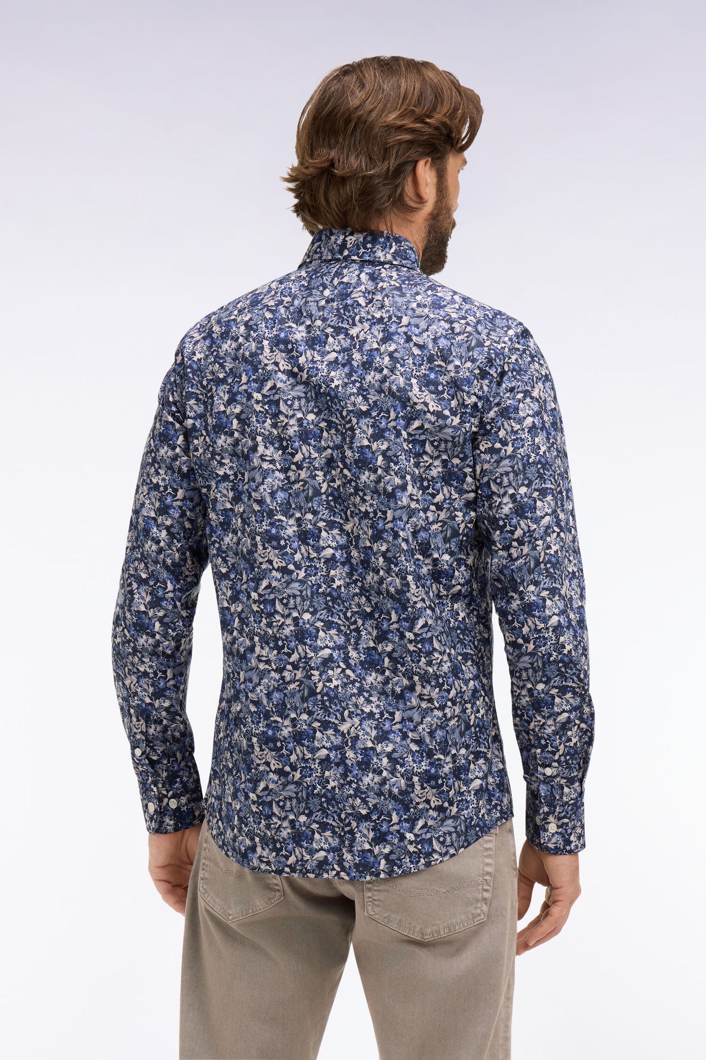 Chemise en popeline de coton marine à microimprimé floral coupe slim