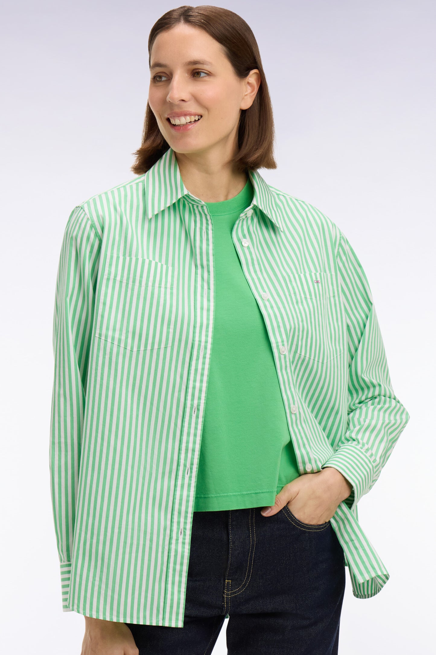 Chemise rayée en popeline de coton verte coupe slim