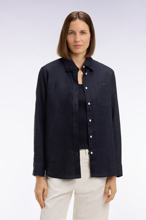 Chemise en lin marine à poches plaquées - Image 3