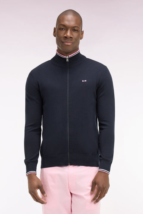 Cardigan zippé en coton marine à bords-côtes rayés - Image 3