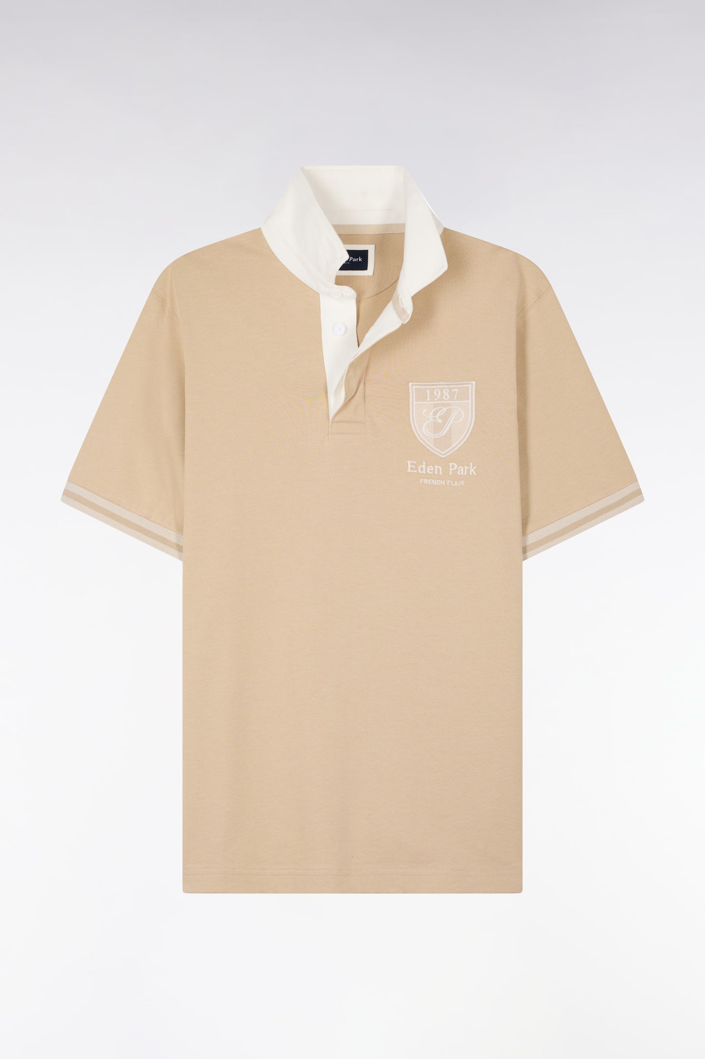 Maillot à manches courtes en jersey de coton beige écusson brodé coupe regular