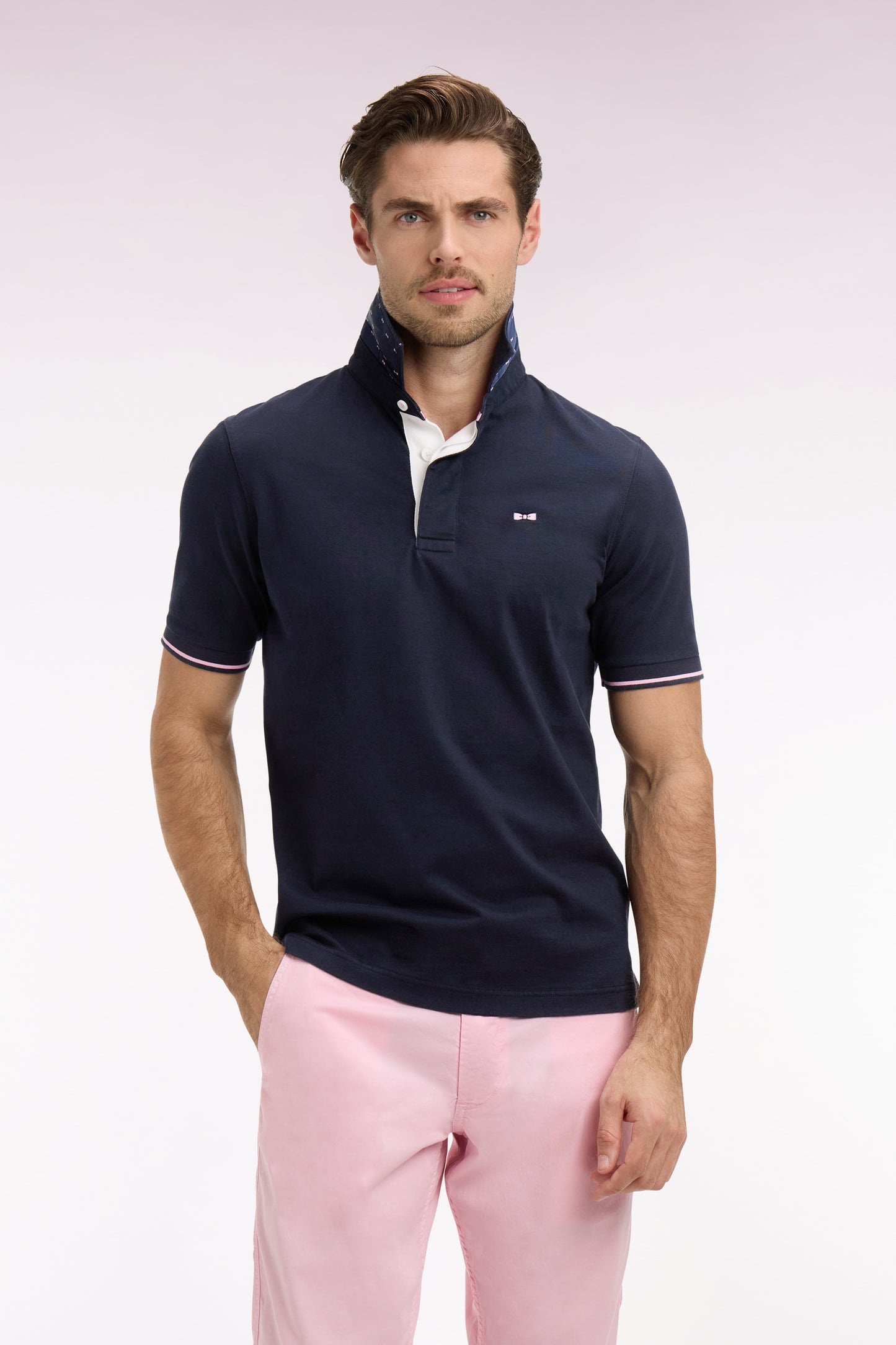 Maillot à manches courtes en coton marine broderie dos coupe regular