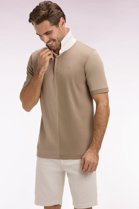 Maillot à manches courtes à découpes verticales en coton beige coupe regular - Image 1