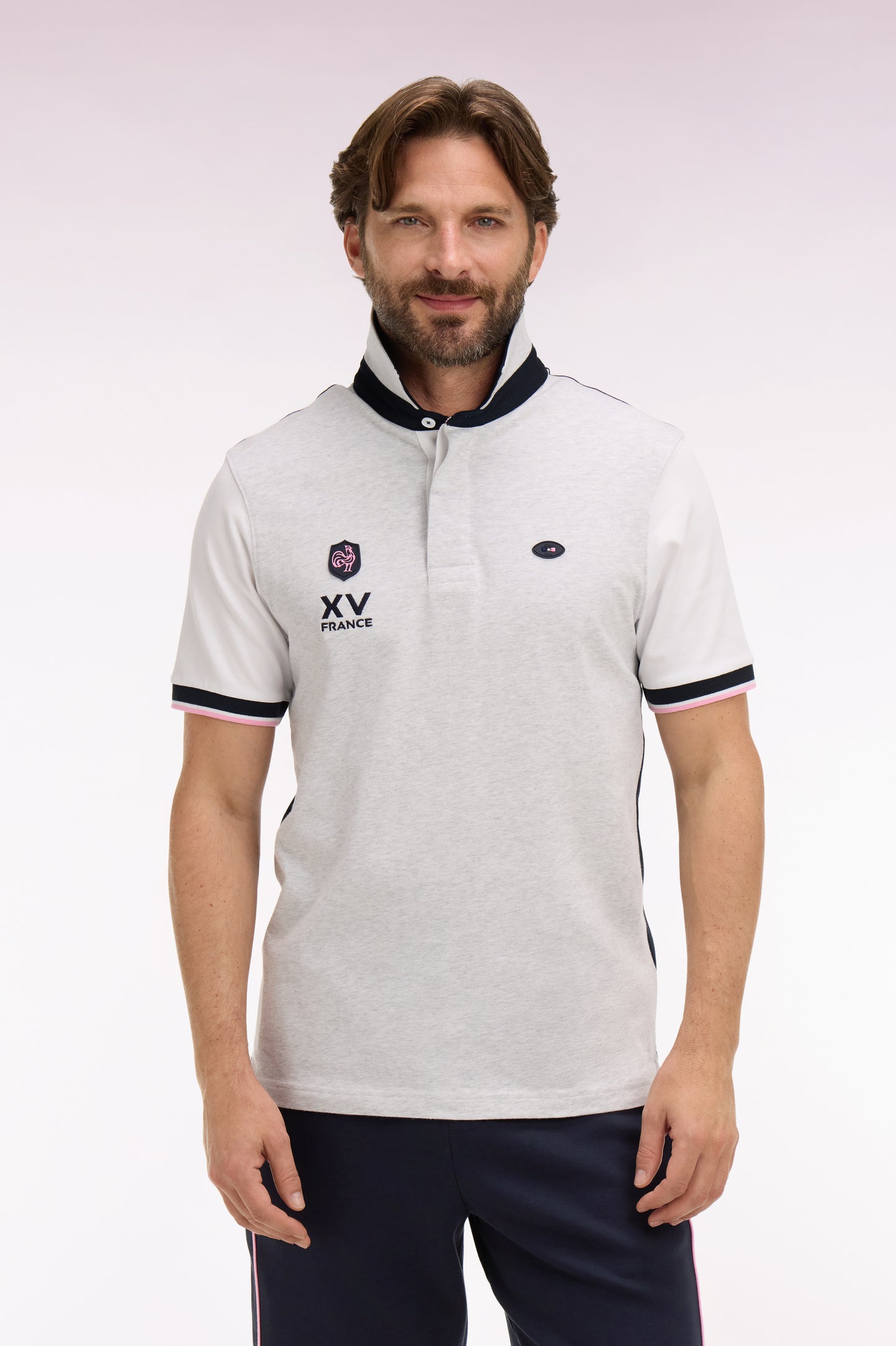 Maillot à manches courtes XV de France en coton gris et marine brodé coupe regular