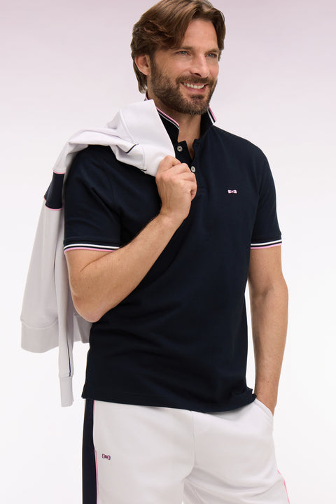Polo manches courtes en coton marine détails rayés coupe regular - Image 1