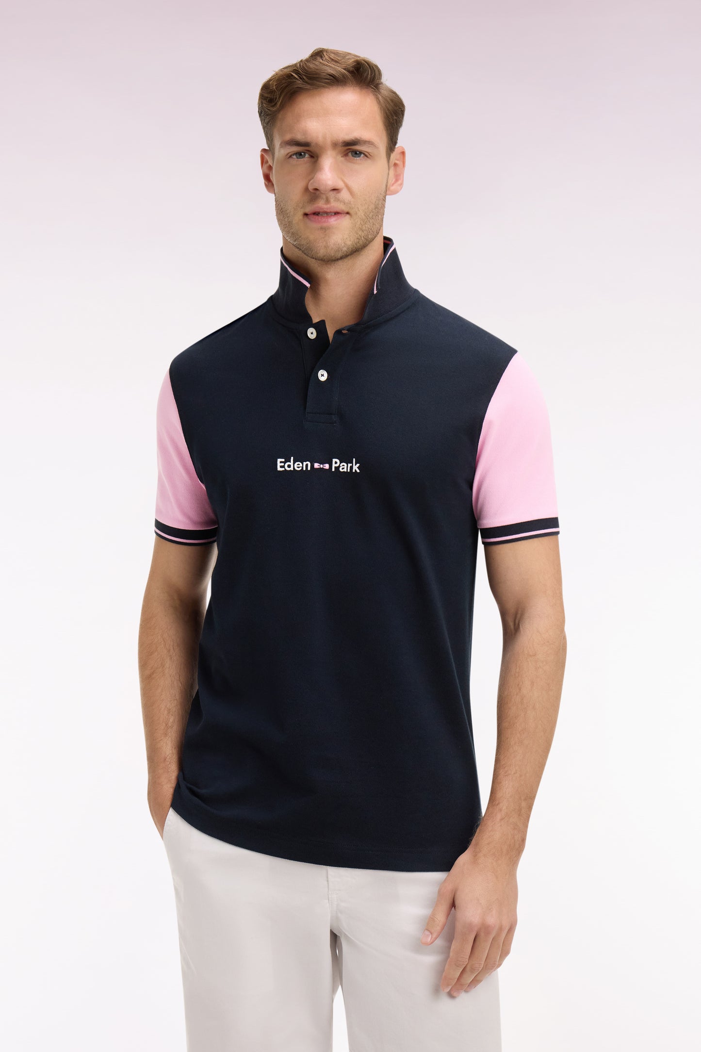 Polo à manches courtes en coton marine broderie Eden Park coupe regular