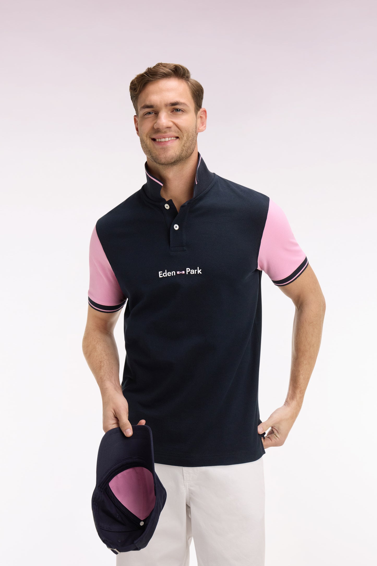 Polo à manches courtes en coton marine broderie Eden Park coupe regular