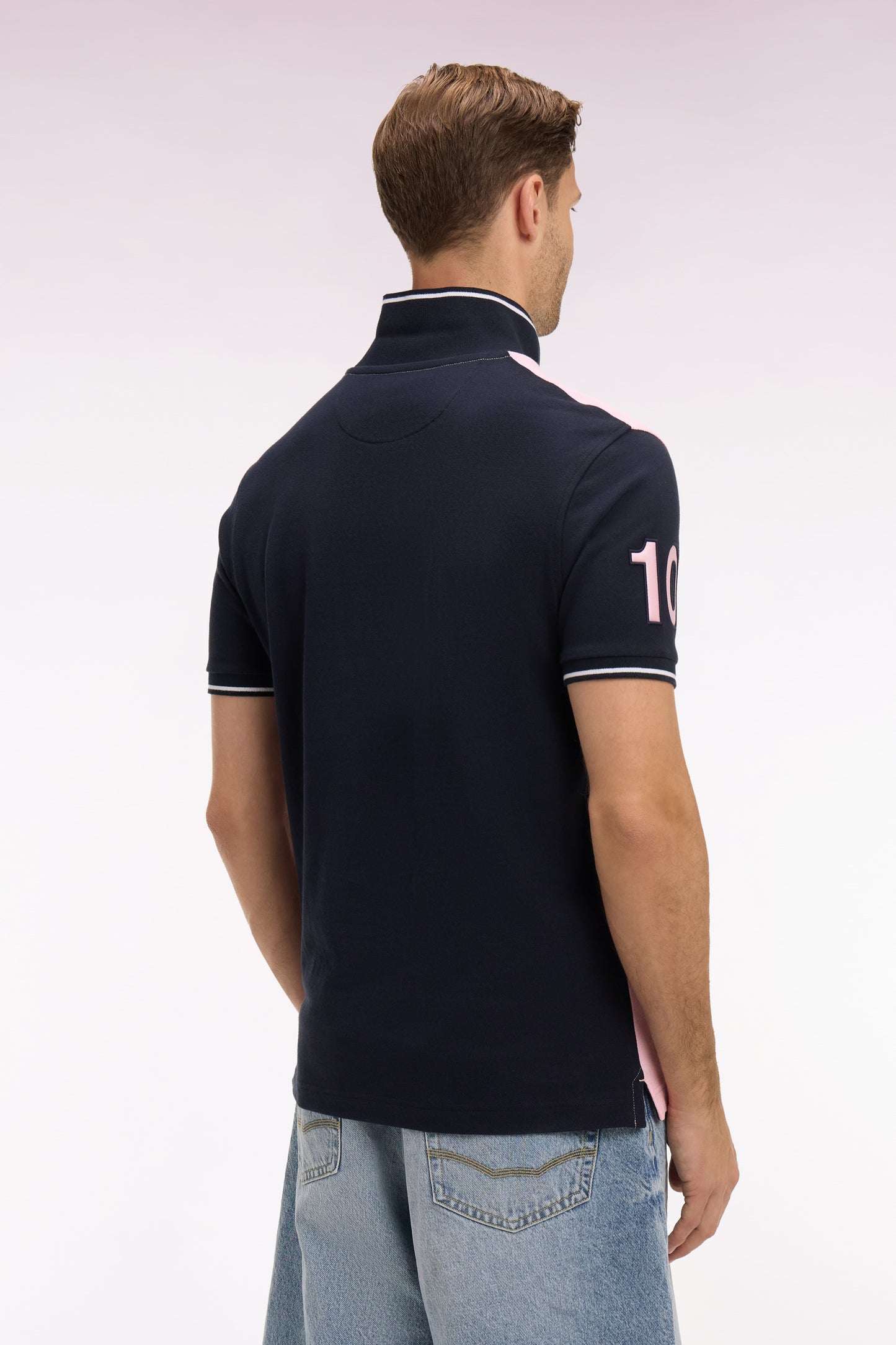 Polo à manches courtes en coton rose et marine coupe regular