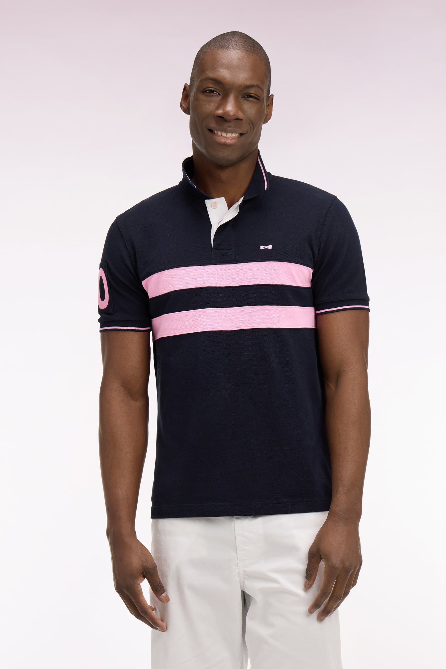 Short-sleeve navy striped cotton pique cut-and-sew polo shirt