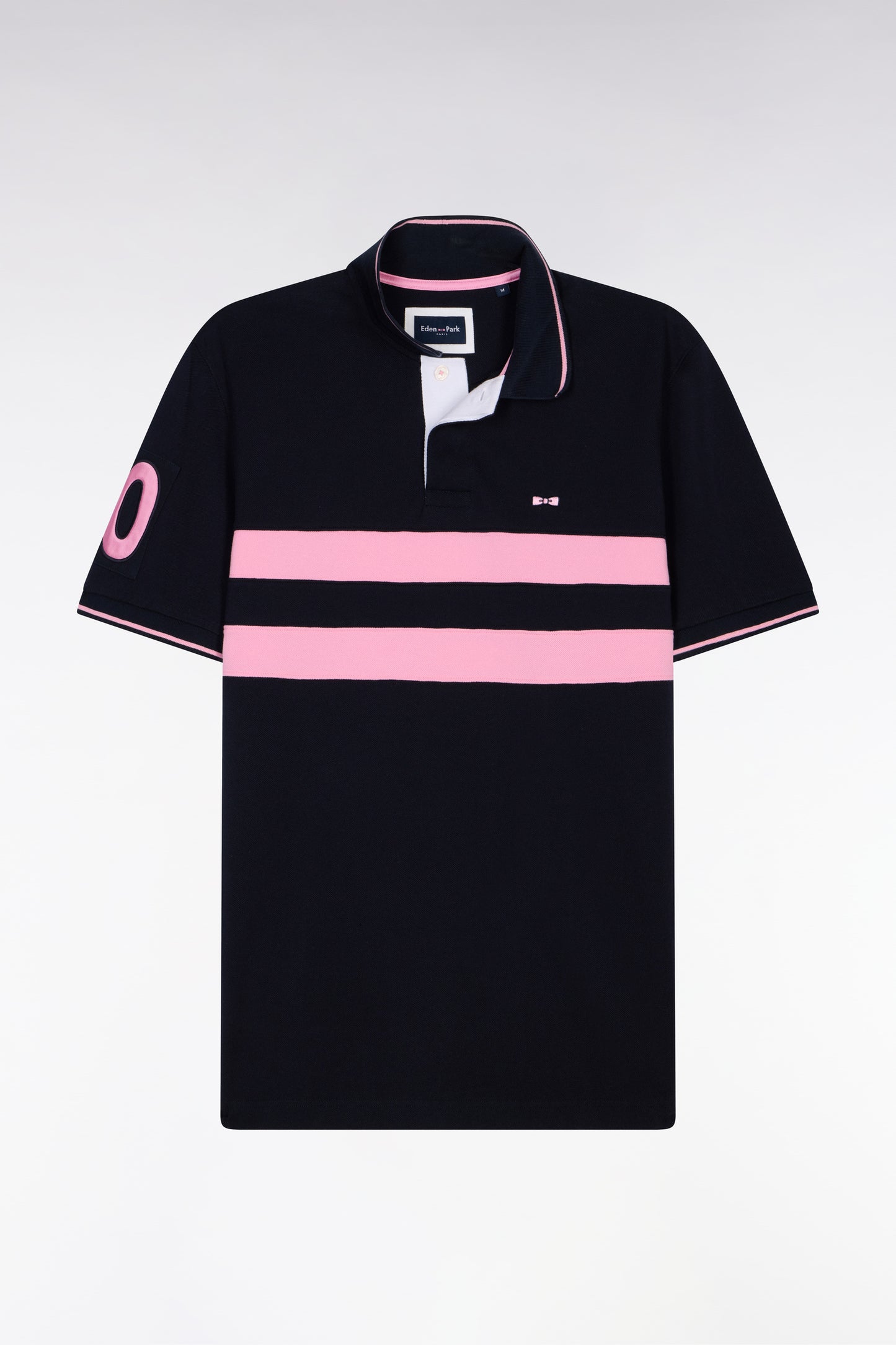 Short-sleeve navy striped cotton pique cut-and-sew polo shirt