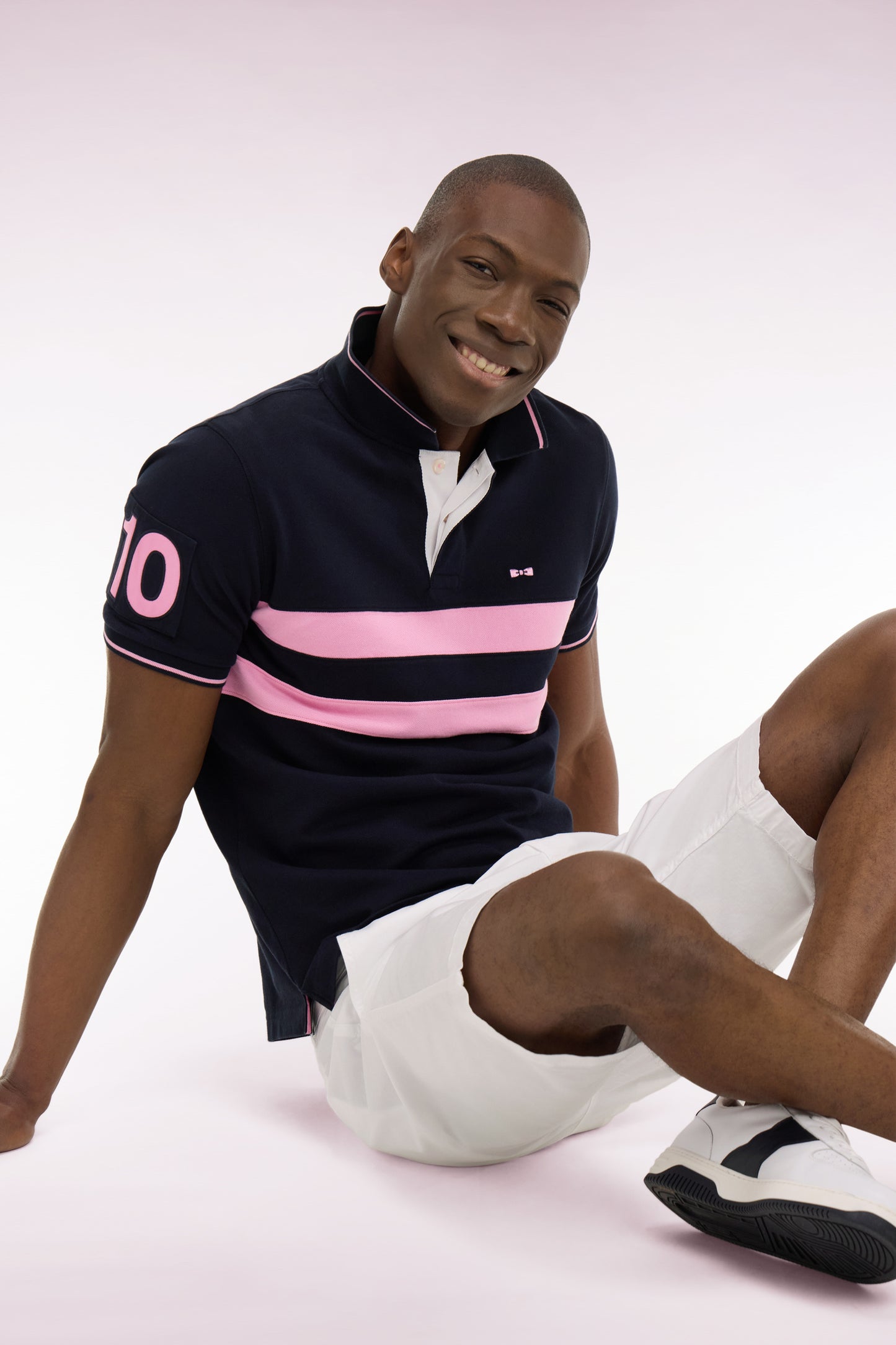 Short-sleeve navy striped cotton pique cut-and-sew polo shirt