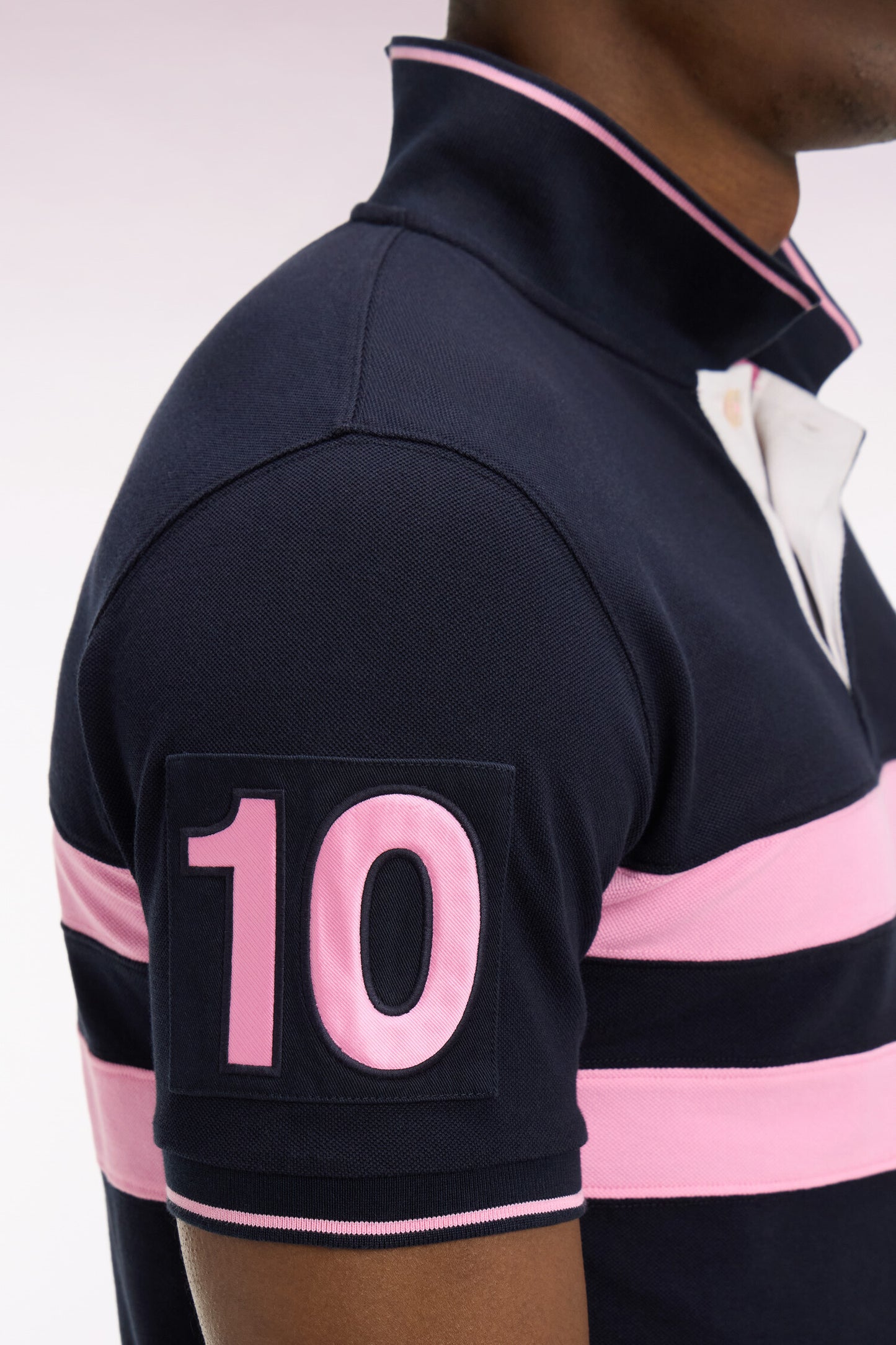 Short-sleeve navy striped cotton pique cut-and-sew polo shirt