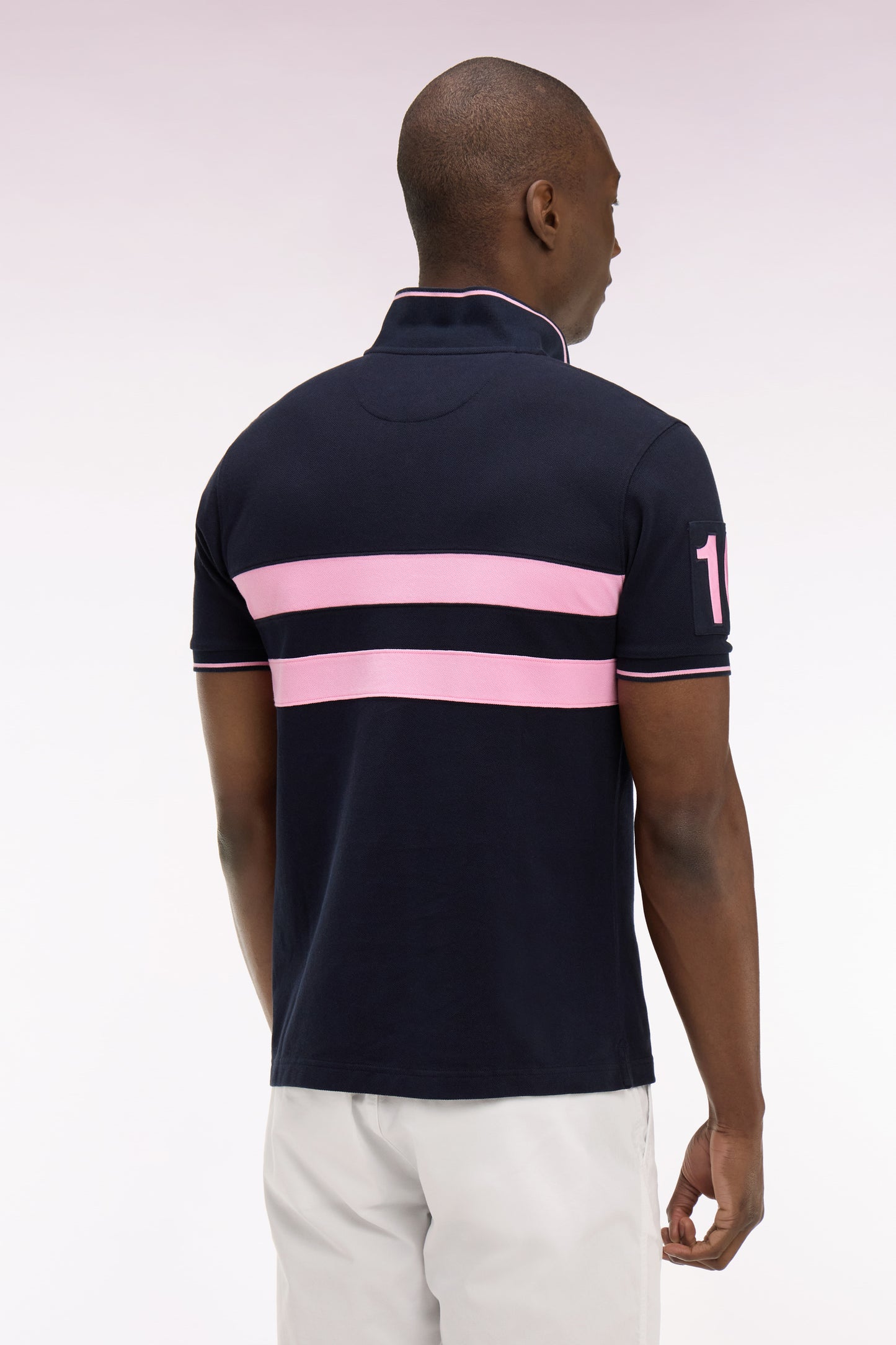 Short-sleeve navy striped cotton pique cut-and-sew polo shirt