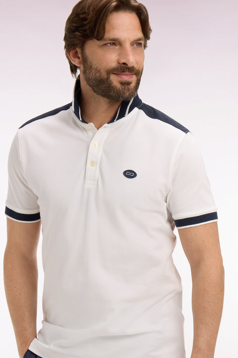 Polo à manches courtes en piqué coton blanc à découpes marine - Image 1