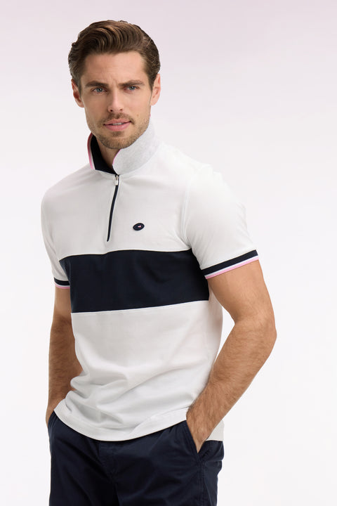 Polo à manches courtes XV de France en piqué coton blanc découpes marine - Image 1