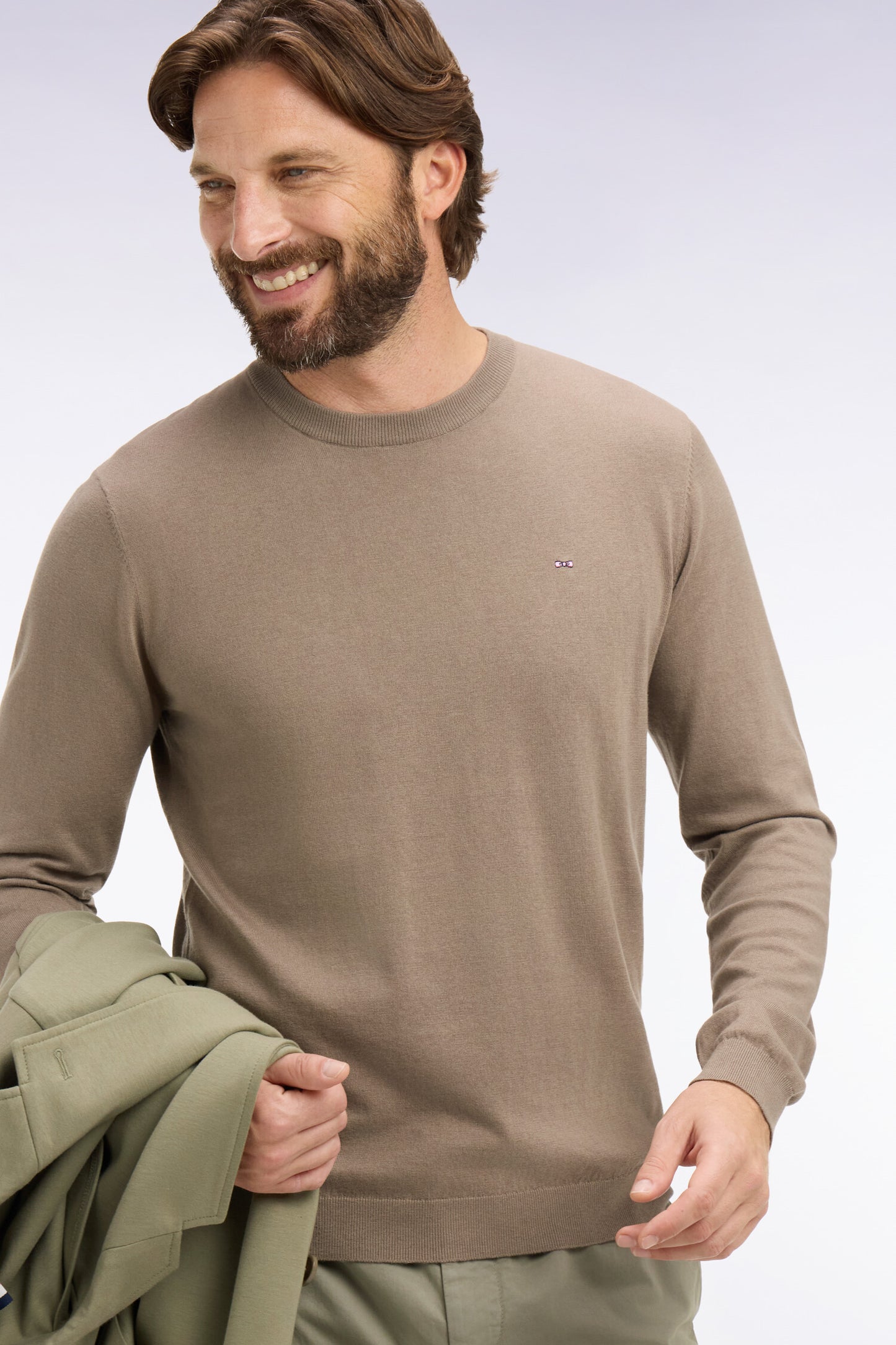 Pull col rond en coton et soie mélangés beige