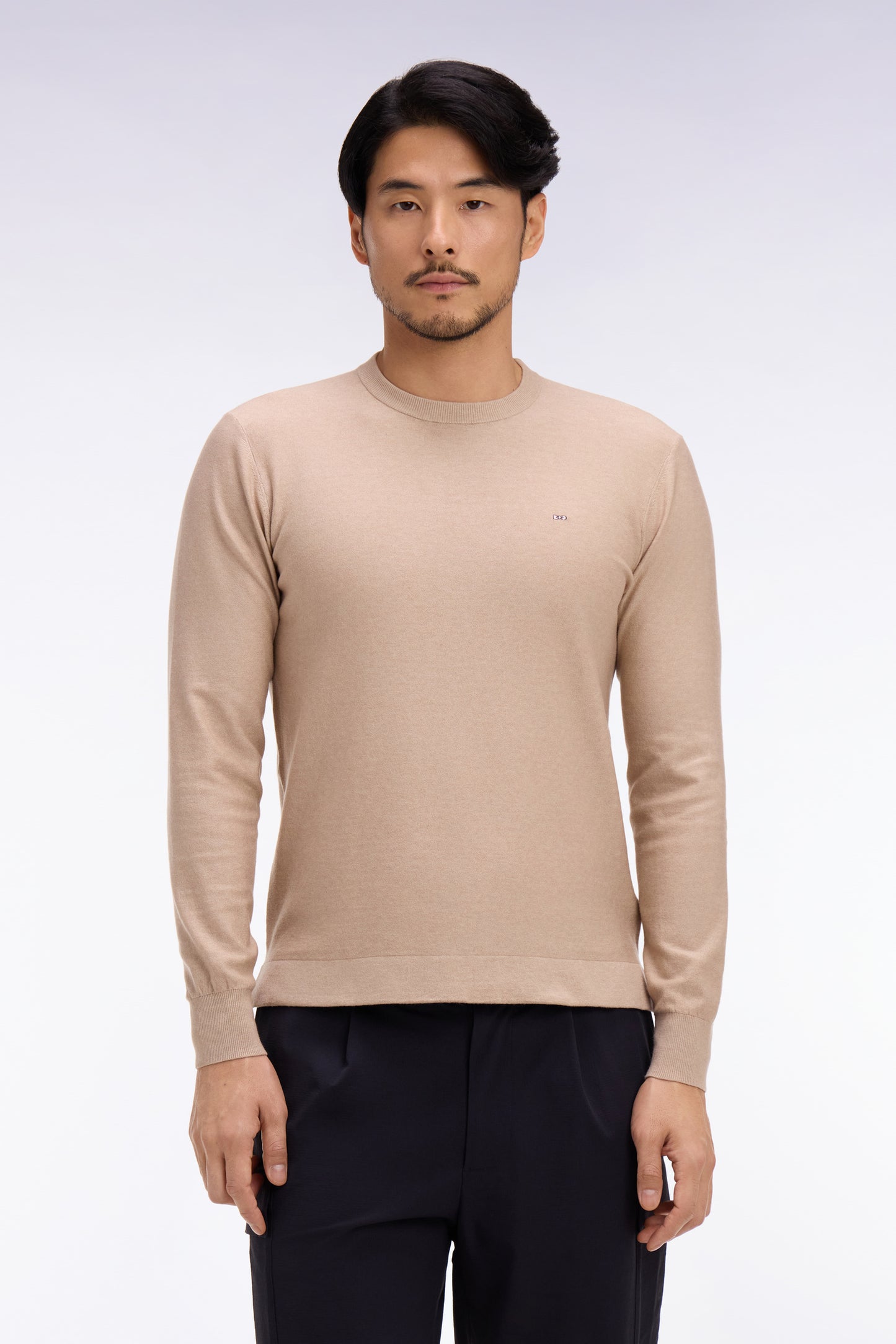 Pull col rond en coton et lyocell mélangés beige
