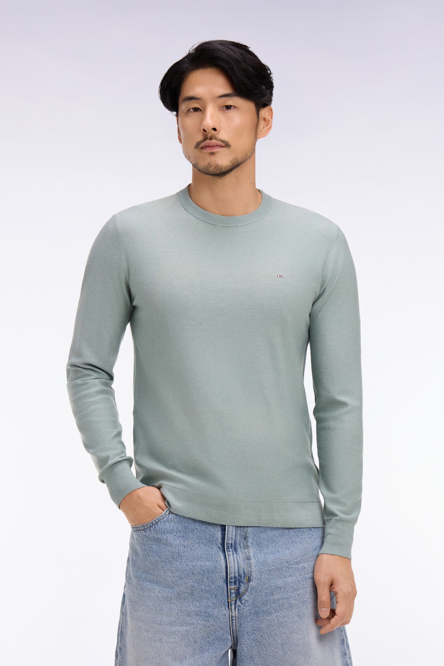 Pull col rond en coton et lyocell mélangés vert d'eau