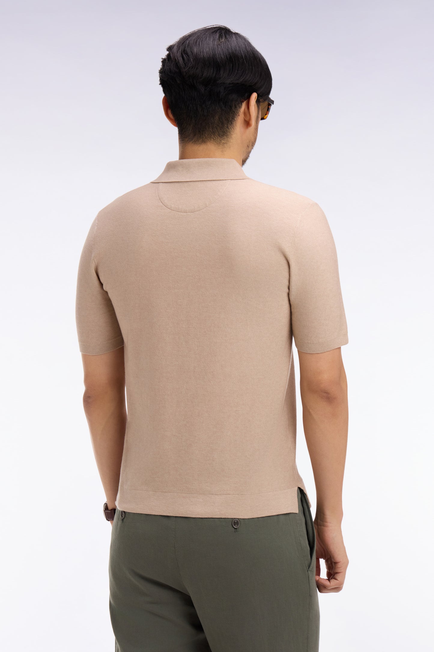 Pull manches courtes à col polo en coton et lyocell mélangés beige