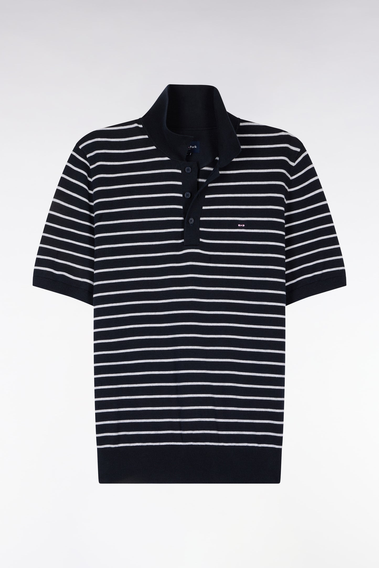 Pull manches courtes à col polo en coton rayé gris