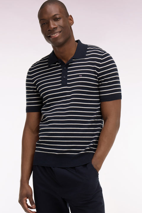 Pull manches courtes à col polo en coton gris rayé - Image 1