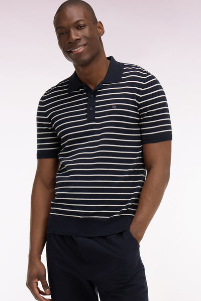 Pull manches courtes à col polo en coton rayé gris