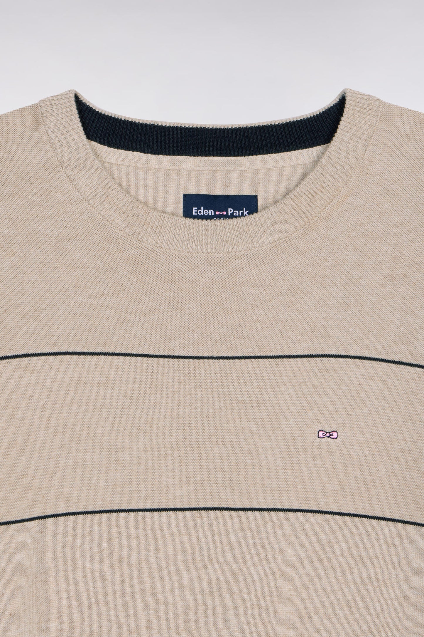 Pull col rond en coton beige rayé