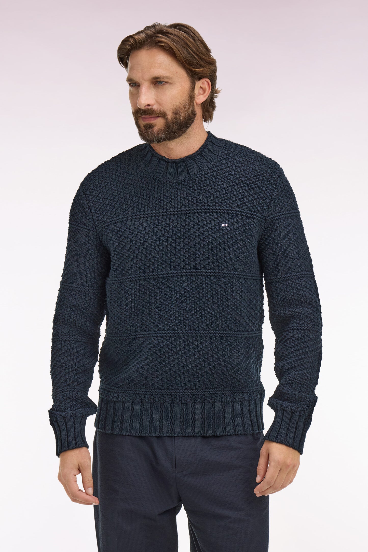 Navy linen and cotton high-neck sweater