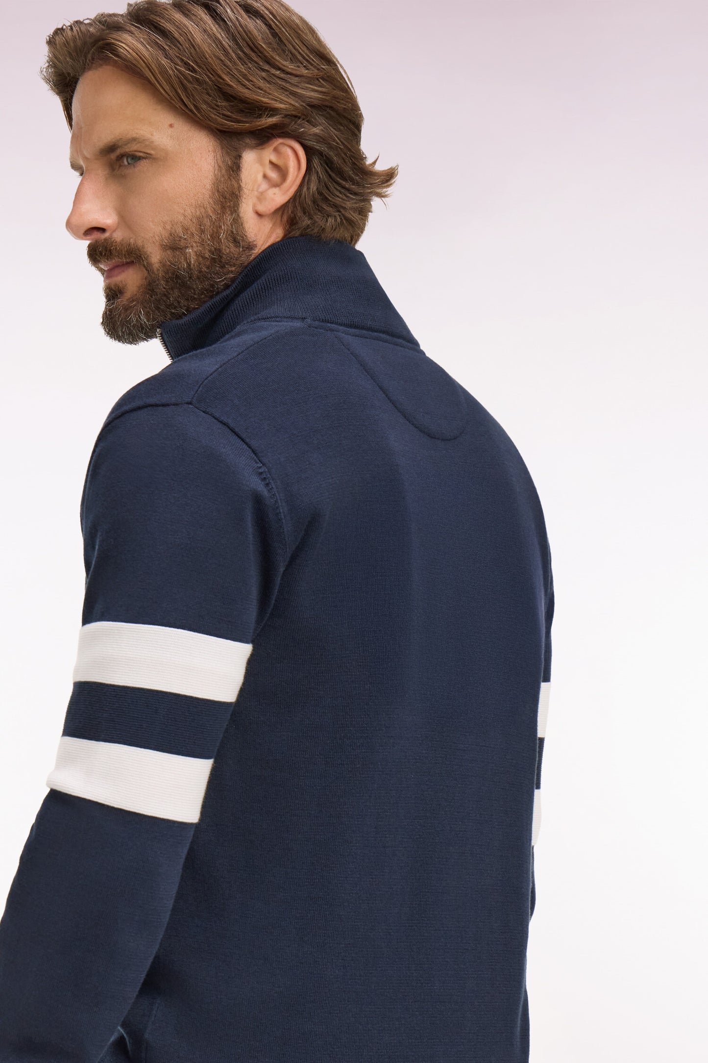 Navy cotton sweater with jersey collar and double-striped sleeves