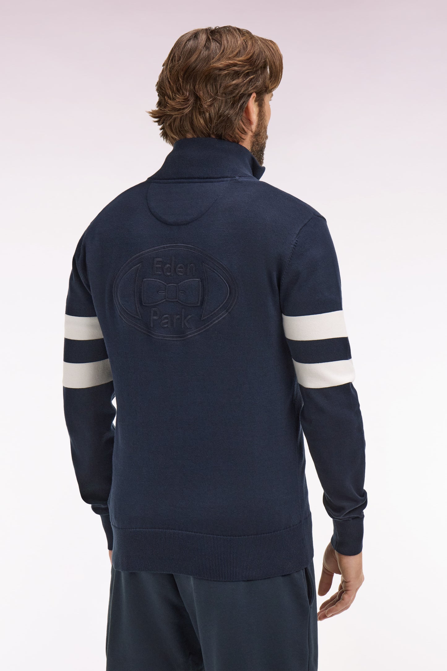 Pull col maillot en coton marine à double rayures manches