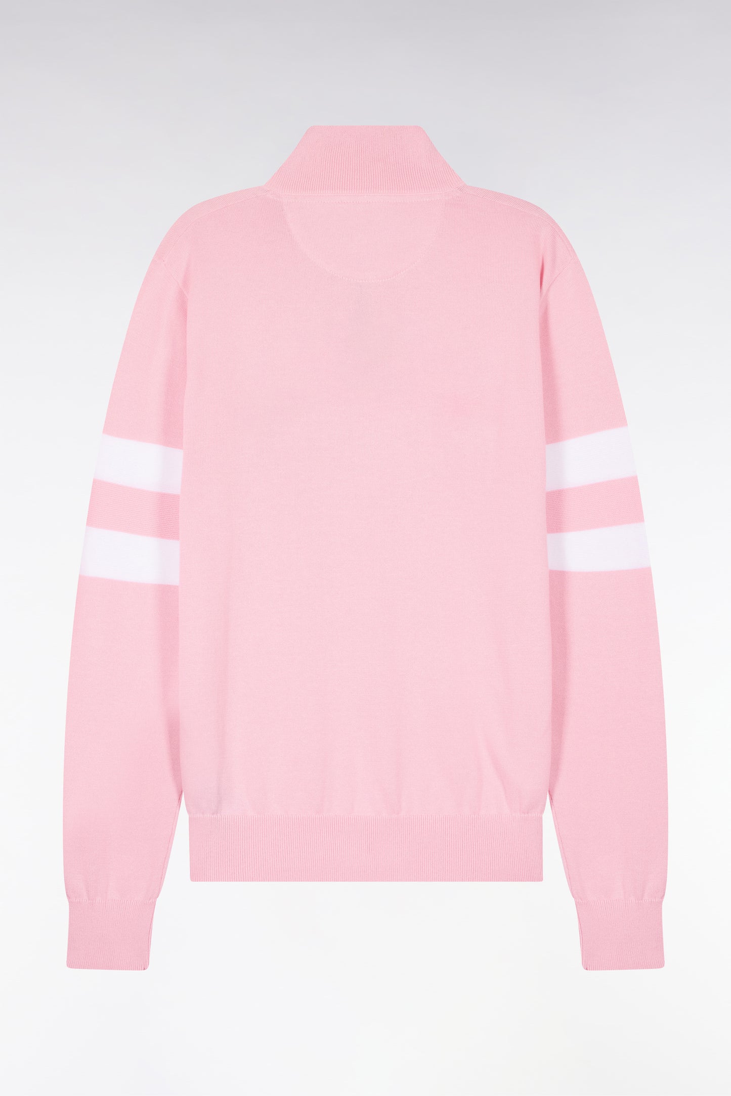 Pink cotton sweater with jersey collar and double striped sleeves