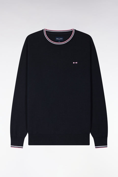 Pull col rond en coton marine à rayures fines - Image 2