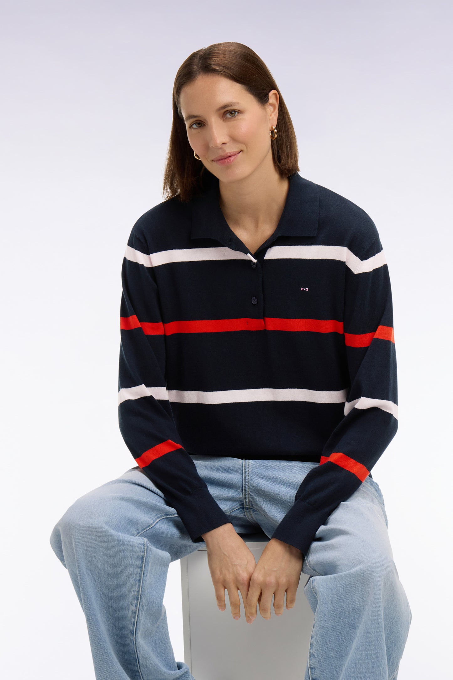 Pull maillot rayé en coton et soie mélangés marine