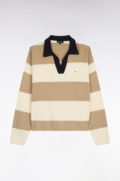 Pull col polo en coton rayé beige et écru coupe oversized - Image 2