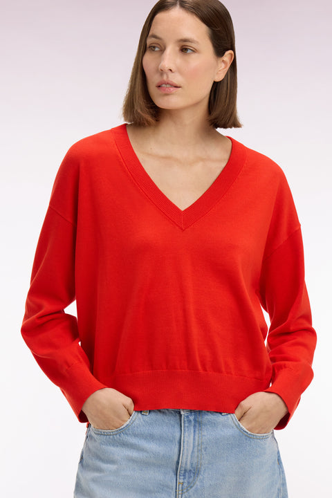Pull-over à col V en coton rouge coupe oversized - Image 1