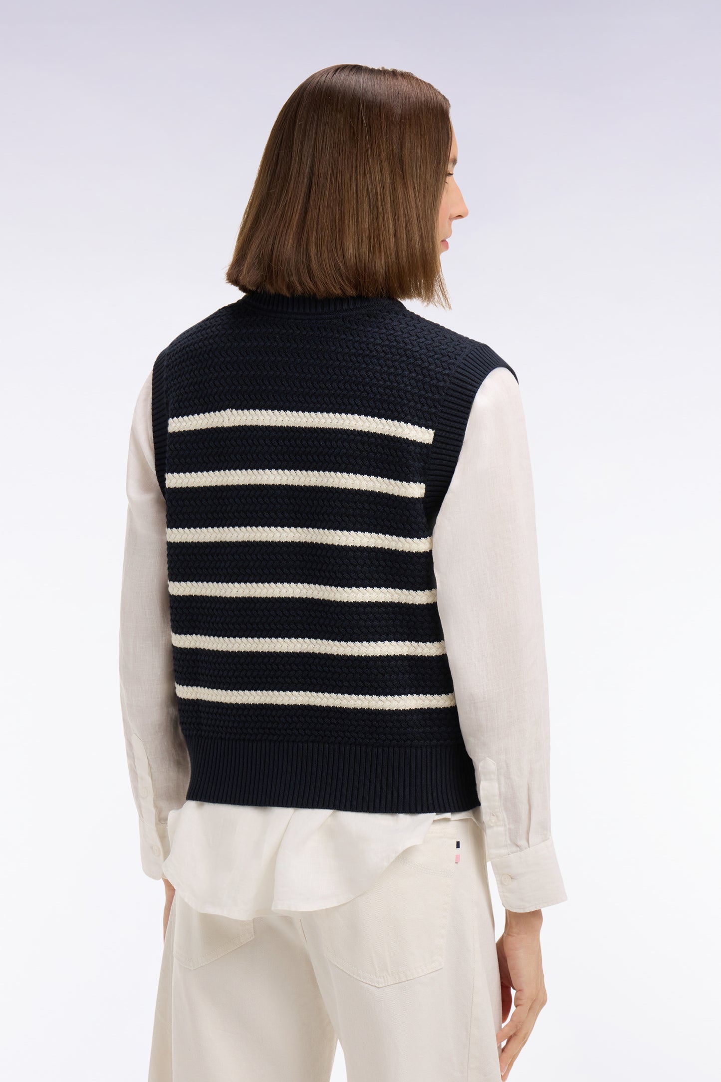 Pull marinière sans manche en coton tressé marine
