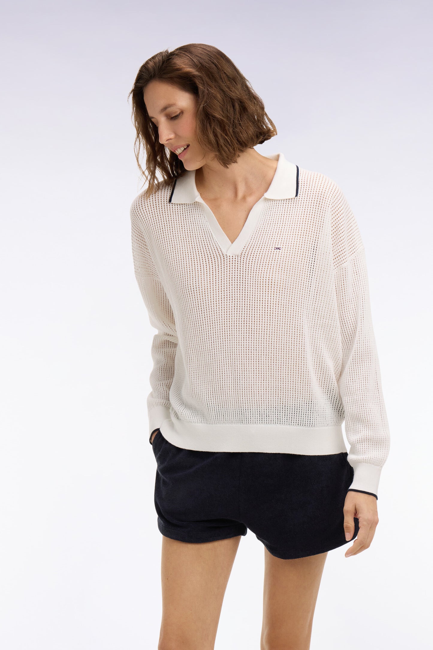 Pull col polo en coton blanc