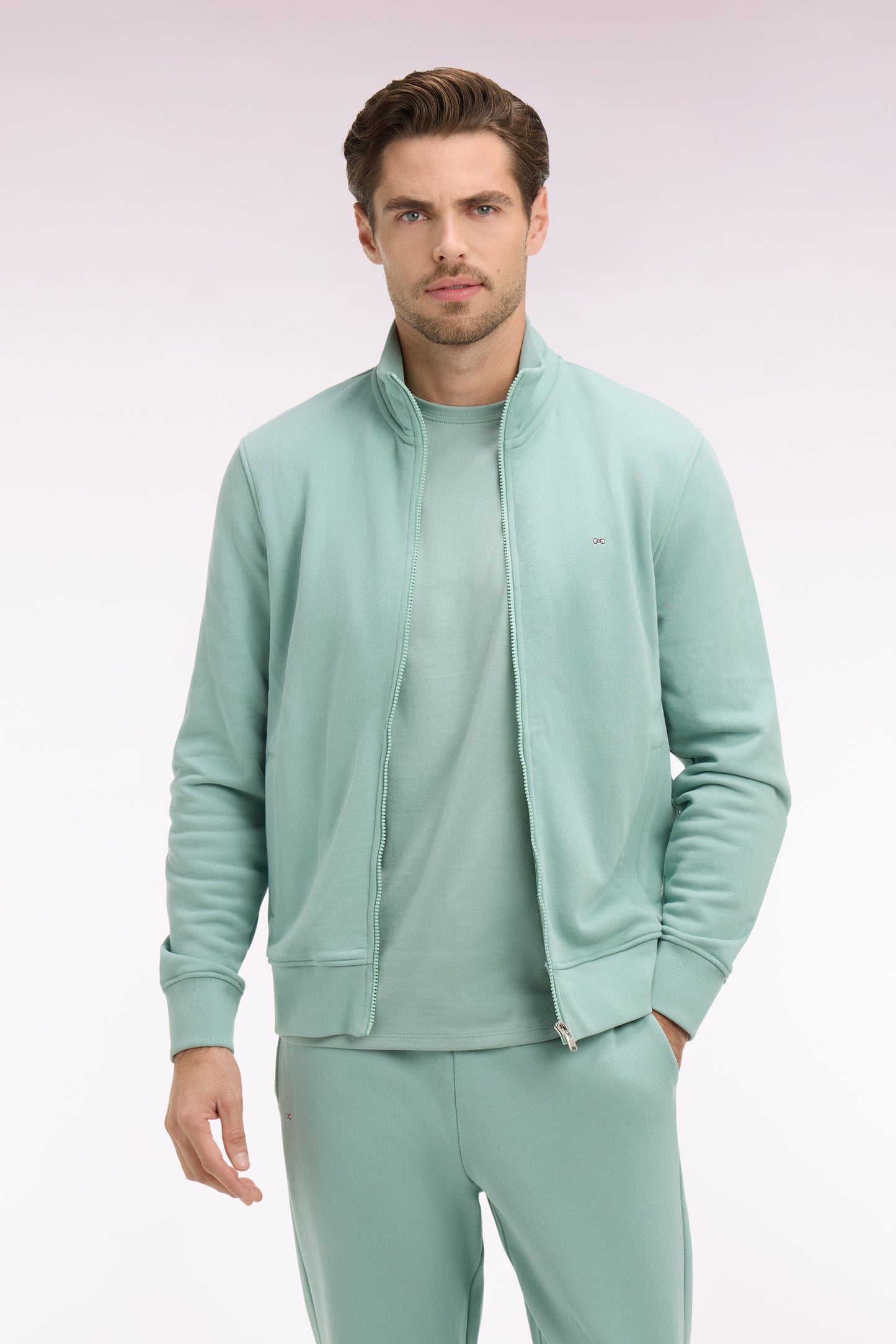 Sweatshirt zippé en molleton coton vert d'eau