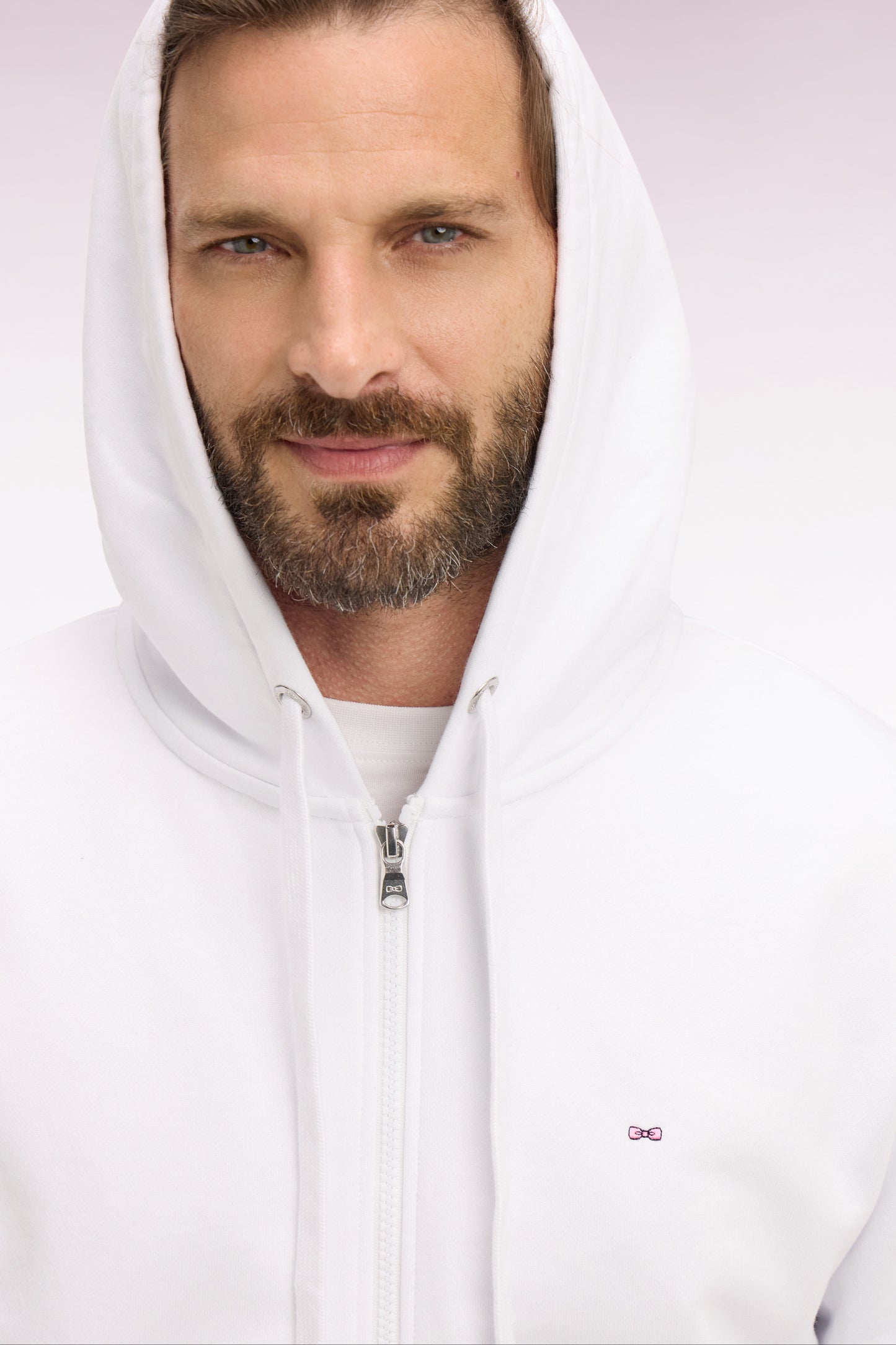 White cotton fleece zipped hooded sweatshirt