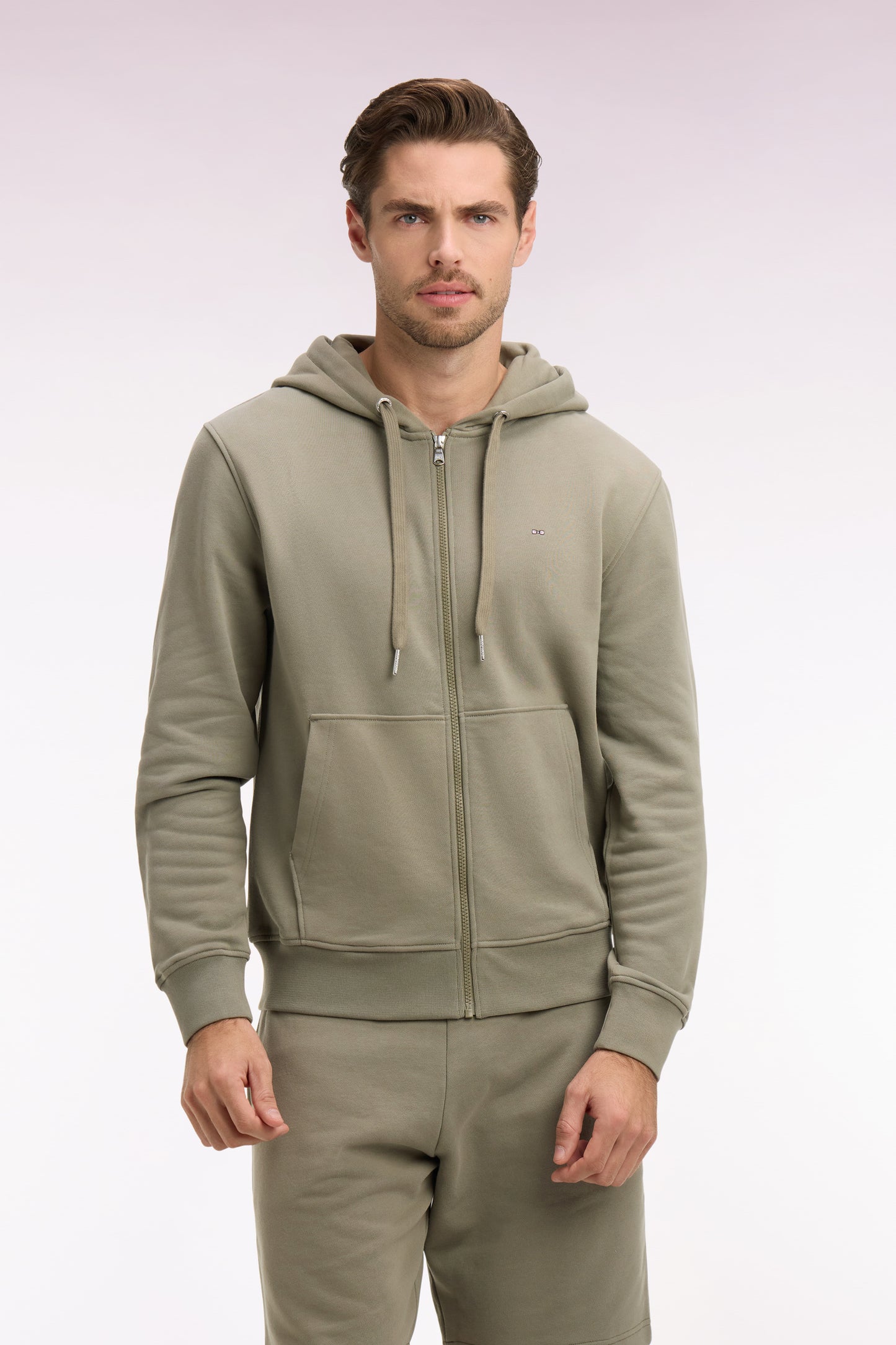 Khaki cotton fleece zipped hooded sweatshirt