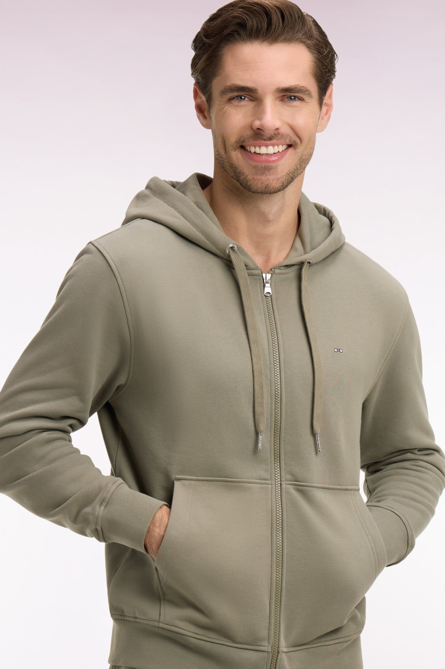 Khaki cotton fleece zipped hooded sweatshirt