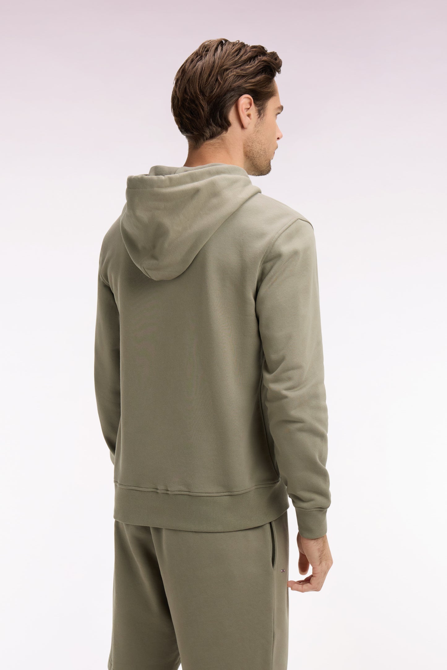Khaki cotton fleece zipped hooded sweatshirt