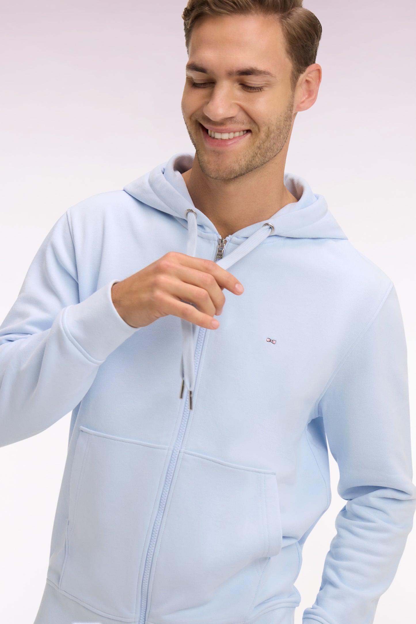 Zipped hooded sweatshirt in sky cotton fleece