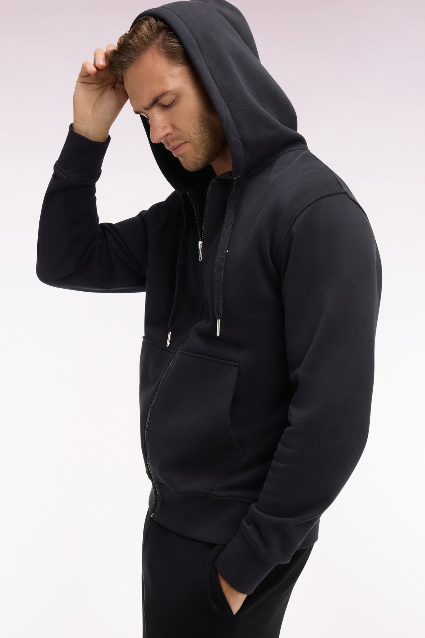 Black cotton fleece zipped hooded sweatshirt