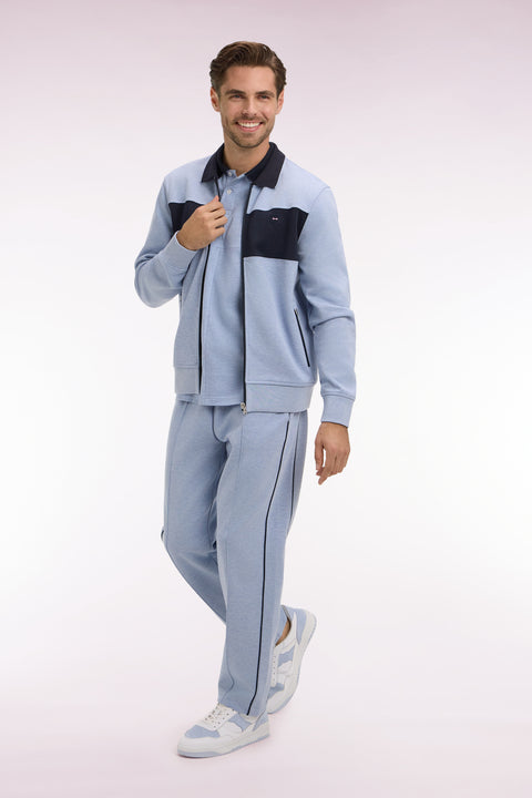 Sweatshirt zippé col polo en molleton bleu ciel - Image 1