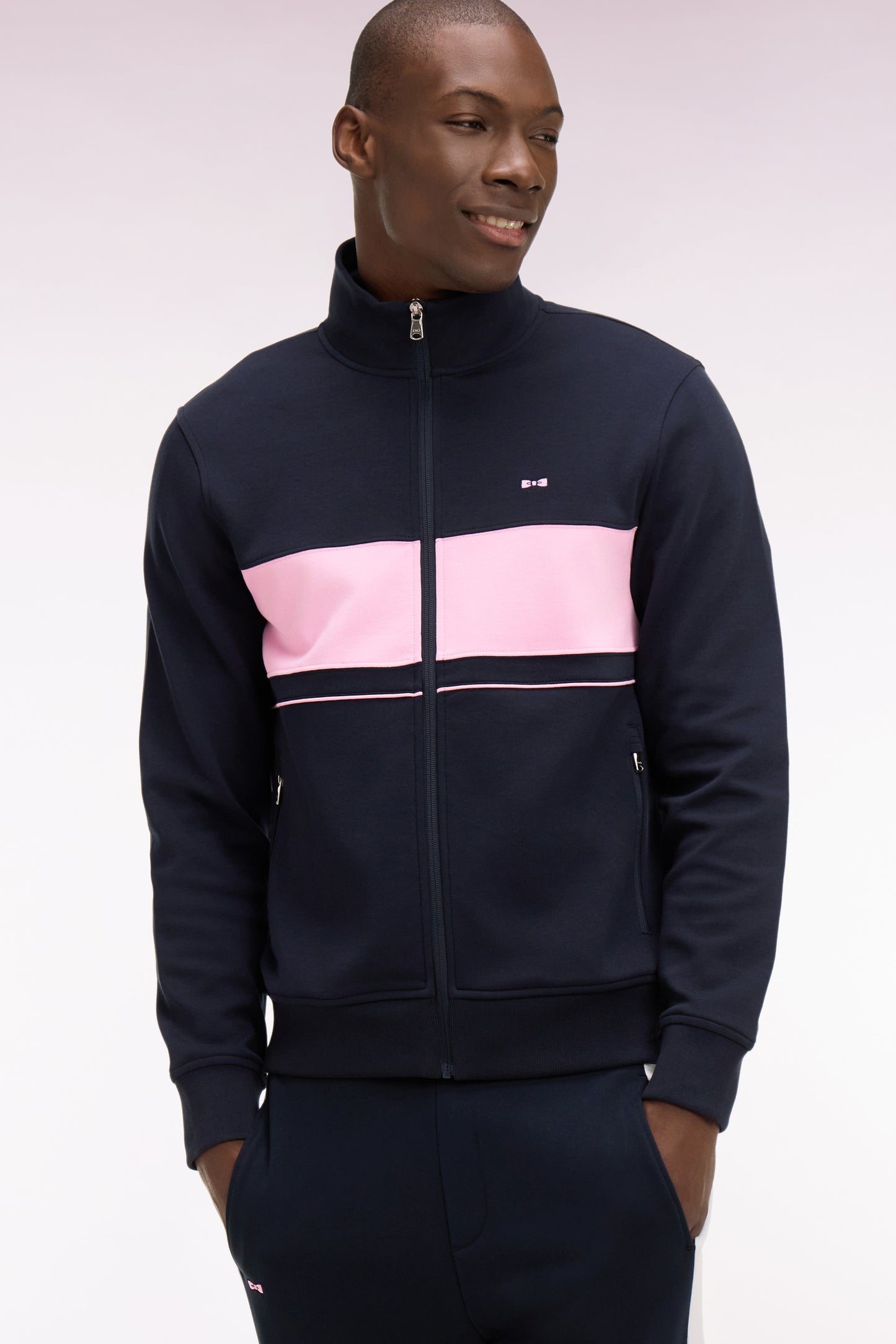 Sweatshirt zippé en molleton marine bande rose