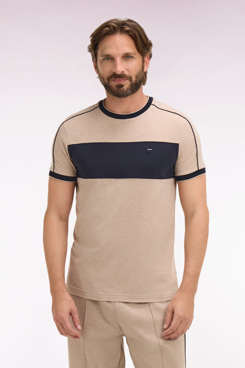 T-shirt à manches courtes en coton stretch beige à découpes coupe slim - Image 3