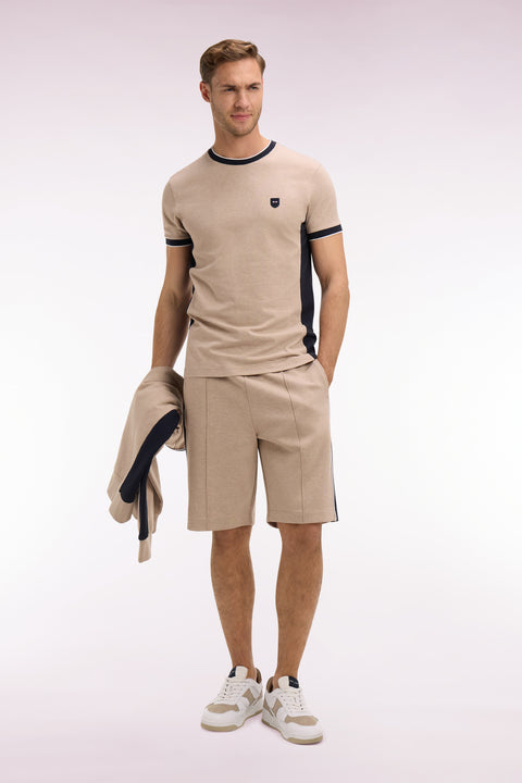 T-shirt à manches courtes en coton stretch beige à découpes coupe slim - Image 1