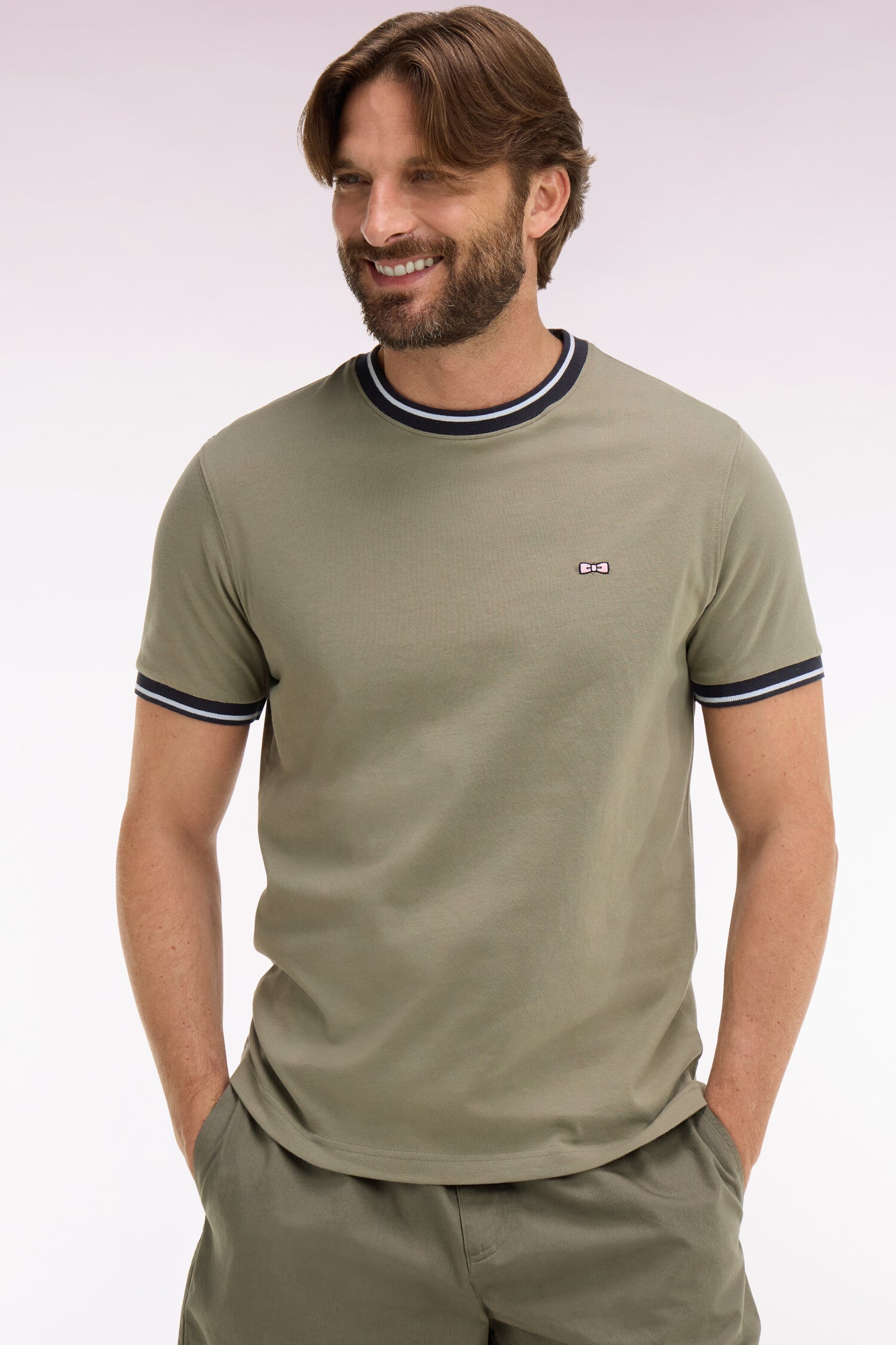 T-shirt à manches courtes en coton kaki brodé coupe regular