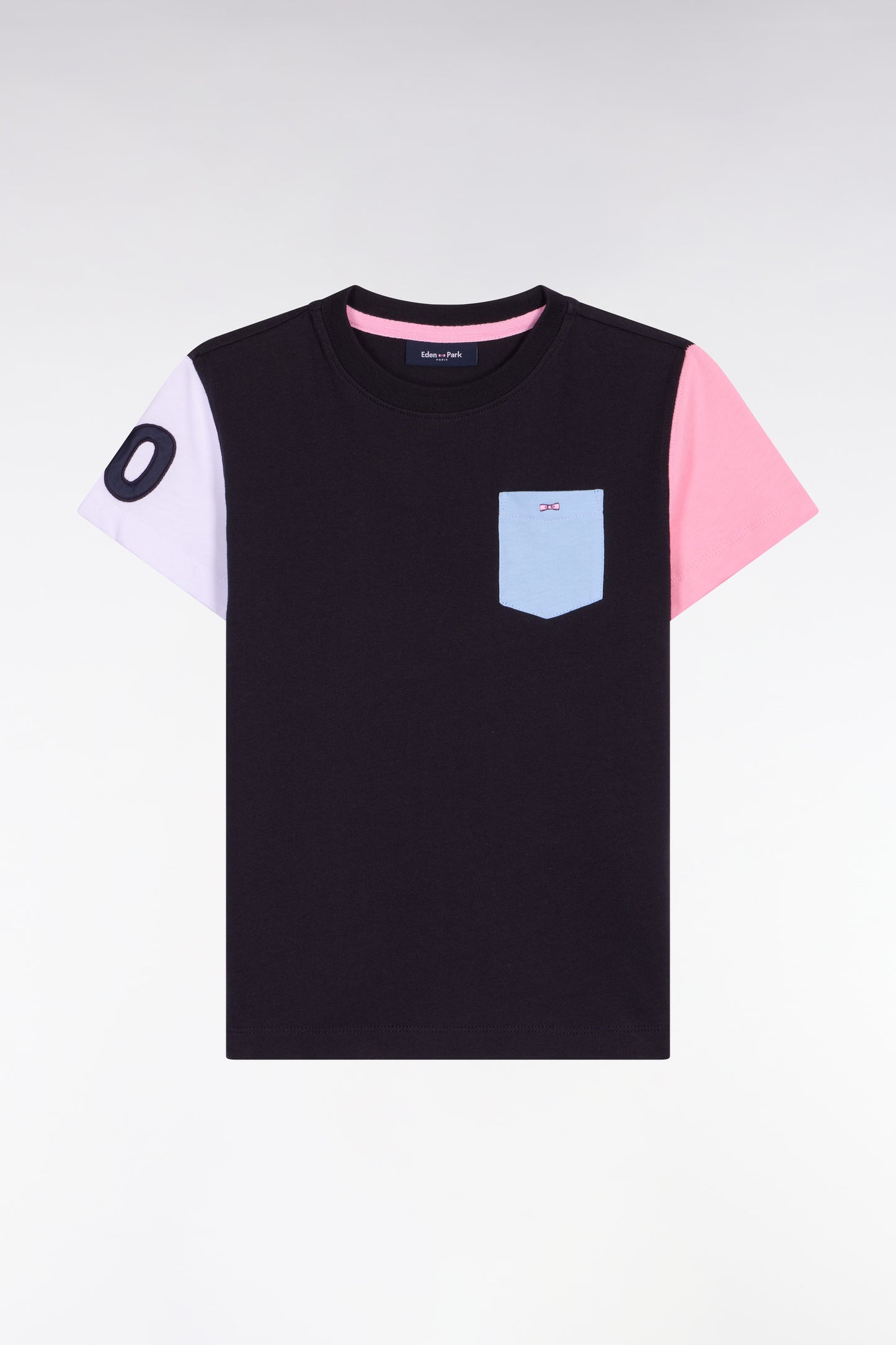 T-shirt à manches courtes en coton marine à manches bicolore coupe droite